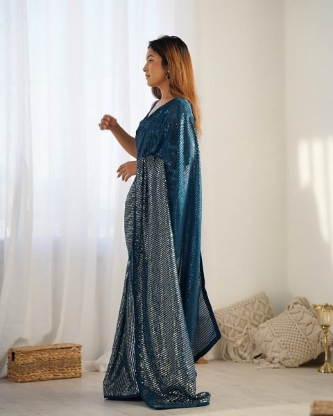 Royal Export Manufacturer Teal Blue Embellished Georgette Saree Online Designer Saree with Blouse at Factory Price Georgette Sarees Wholesale