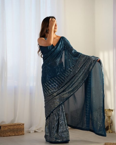 Royal Export Manufacturer Teal Blue Embellished Georgette Saree Online Designer Saree with Blouse at Factory Price Georgette Sarees Wholesale