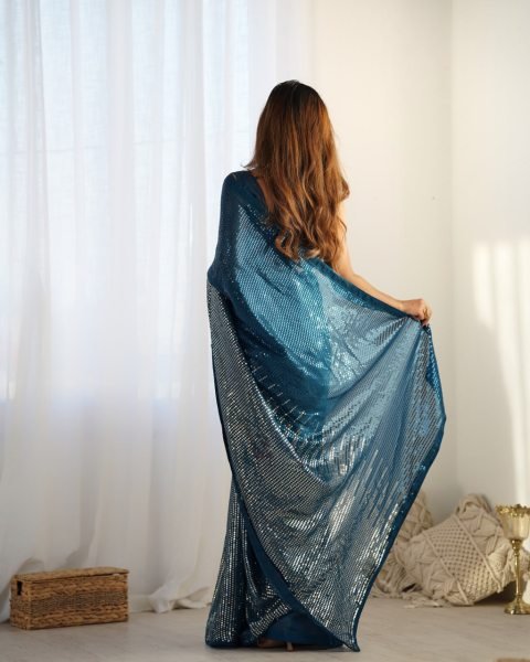 Royal Export Manufacturer Teal Blue Embellished Georgette Saree Online Designer Saree with Blouse at Factory Price Georgette Sarees Wholesale