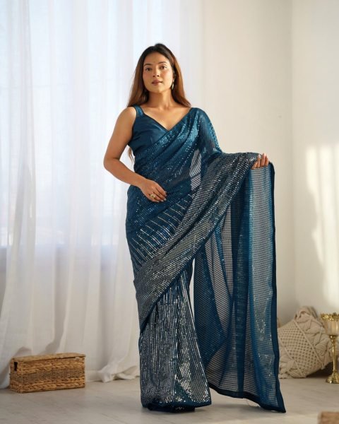 Royal Export Manufacturer Teal Blue Embellished Georgette Saree Online Designer Saree with Blouse at Factory Price Georgette Sarees Wholesale