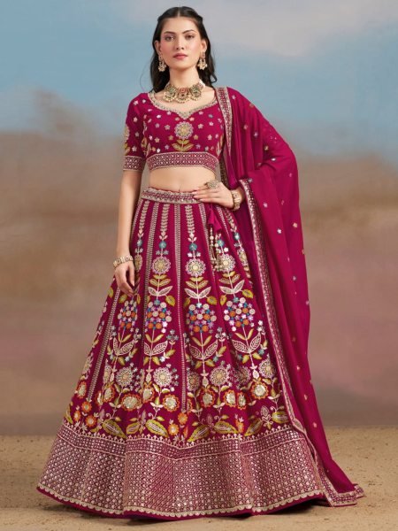 Royal Charm Rani Pink Georgette Bridal Lehenga Set with Embroidery for Wedding Reception  Lehenga