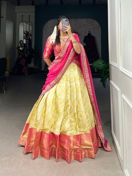  Royal Jacquard Silk half saree Lehenga with Zari Weaving   Embroidered Dupatta  
