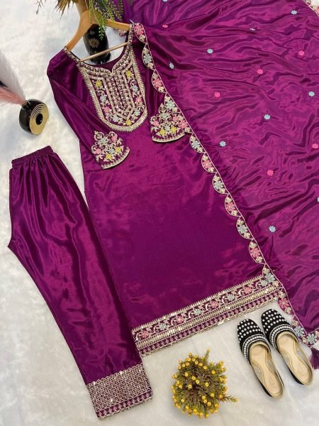Royal Muse Deep Purple Chinon Silk Suit with Embroidery  & Designer Dupatta  3 Piece Kurti Set