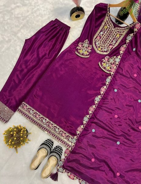 Royal Muse Deep Purple Chinon Silk Suit with Embroidery  & Designer Dupatta  3 Piece Kurti Set