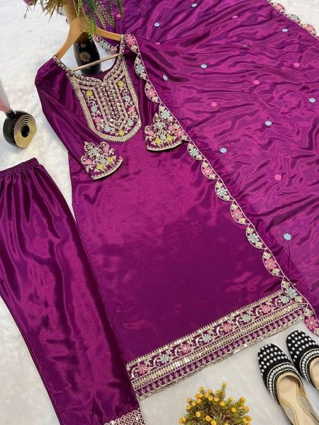 Royal Muse Deep Purple Chinon Silk Suit with Embroidery  & Designer Dupatta  3 Piece Kurti Set