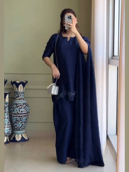 Royal Navy Blue Farshi Suit in Crepe Silk Heavy Hand Embroidery with Organza Dupatta 