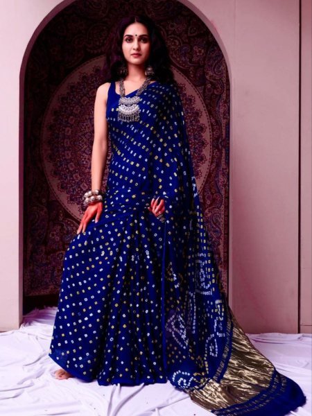 Royal Navy Blue Gaji Silk Bandhani Saree with Gota Patti Festive Must Have Bandhej Sarees Wholesale