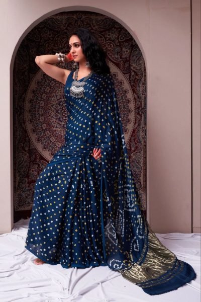 Royal Navy Blue Gaji Silk Bandhani Saree with Gota Patti Festive Must Have Bandhej Sarees Wholesale