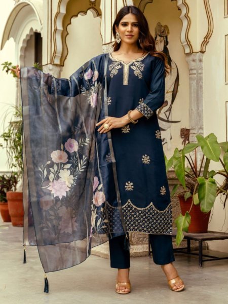  Royal Navy Blue Ready to Wear Chanderi Embroidery Kurti With Free Size Bottom And Organza Dupatta for Reseller  Embroidery Kurtis 