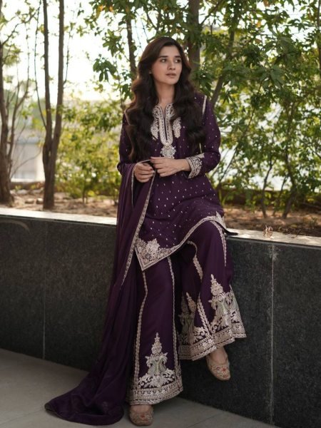 Royal Plum Georgette Palazzo Suit with Sequin and Codding Work Best for Wedding Evenings  Ready To Wear Suit