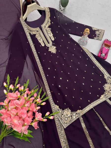 Royal Plum Georgette Palazzo Suit with Sequin and Codding Work Best for Wedding Evenings  Ready To Wear Collection