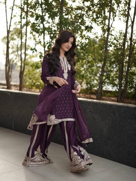 Royal Plum Georgette Palazzo Suit with Sequin and Codding Work Best for Wedding Evenings  Ready To Wear Collection