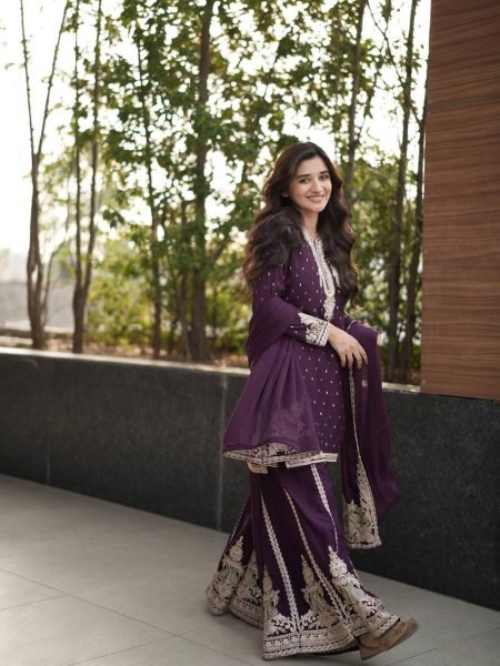 Royal Plum Georgette Palazzo Suit with Sequin and Codding Work Best for Wedding Evenings  Ready To Wear Collection