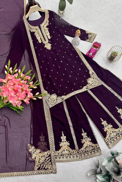 Royal Plum Georgette Palazzo Suit with Sequin and Codding Work Best for Wedding Evenings  Ready To Wear Collection