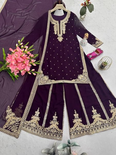 Royal Plum Georgette Palazzo Suit with Sequin and Codding Work Best for Wedding Evenings  Ready To Wear Collection