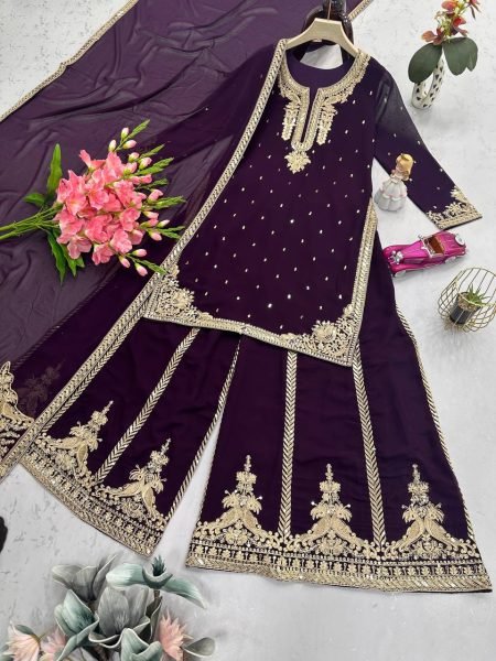 Royal Plum Georgette Palazzo Suit with Sequin and Codding Work Best for Wedding Evenings  Ready To Wear Collection