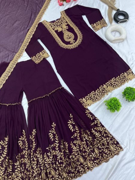 Royal Purple Color Designer Palazzo Suit with Blooming Faux Georgette Fabric, Heavy Embroidery and Sequin Work With Stylish Embellished Dupatta Ready To Wear Collection