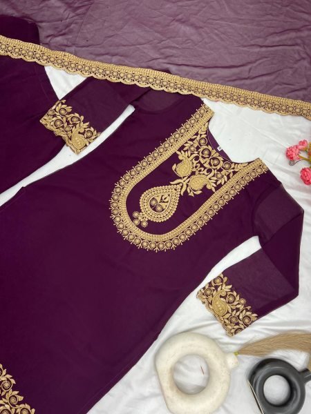 Royal Purple Color Designer Palazzo Suit with Blooming Faux Georgette Fabric, Heavy Embroidery and Sequin Work With Stylish Embellished Dupatta Ready To Wear Collection
