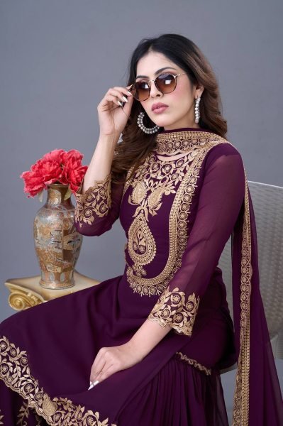 Royal Purple Color Designer Palazzo Suit with Blooming Faux Georgette Fabric, Heavy Embroidery and Sequin Work With Stylish Embellished Dupatta Ready To Wear Collection