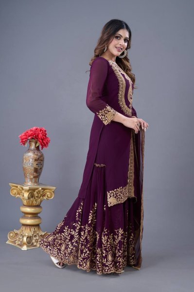 Royal Purple Color Designer Palazzo Suit with Blooming Faux Georgette Fabric, Heavy Embroidery and Sequin Work With Stylish Embellished Dupatta Ready To Wear Collection