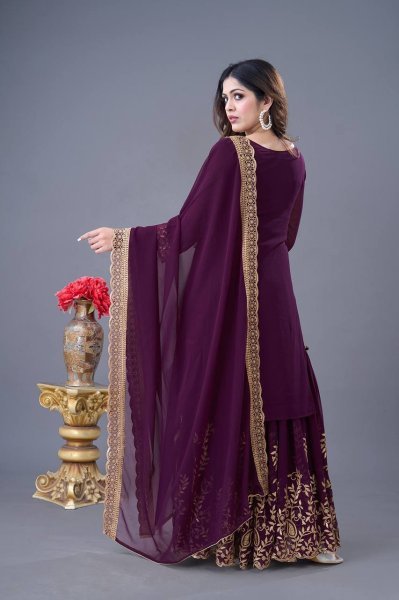 Royal Purple Color Designer Palazzo Suit with Blooming Faux Georgette Fabric, Heavy Embroidery and Sequin Work With Stylish Embellished Dupatta Ready To Wear Collection