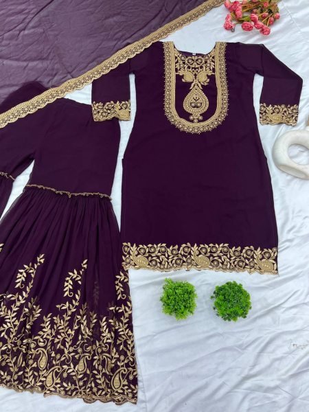 Royal Purple Color Designer Palazzo Suit with Blooming Faux Georgette Fabric, Heavy Embroidery and Sequin Work With Stylish Embellished Dupatta Ready To Wear Collection