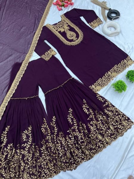 Royal Purple Color Designer Palazzo Suit with Blooming Faux Georgette Fabric, Heavy Embroidery and Sequin Work With Stylish Embellished Dupatta Ready To Wear Collection