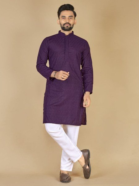 Royal Purple Cotton Kurta with Self Embroidery Festive Wear for Resellers  Mens Wear