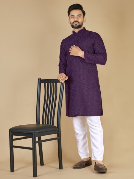 Royal Purple Cotton Kurta with Self Embroidery Festive Wear for Resellers  Kurta Pajama Wholesale