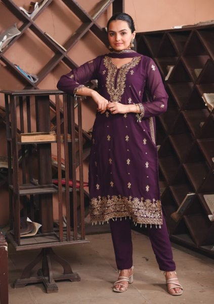 Royal Purple Georgette 3pc Set with Sequin Embroidery   Dupatta Perfect for Celebrations 3 Piece Kurti Set