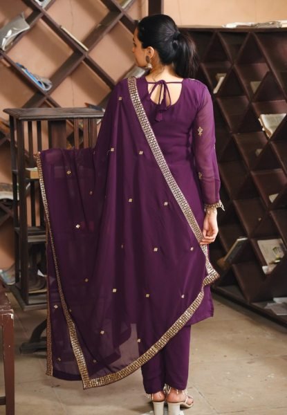 Royal Purple Georgette 3pc Set with Sequin Embroidery   Dupatta Perfect for Celebrations 3 Piece Kurti Set