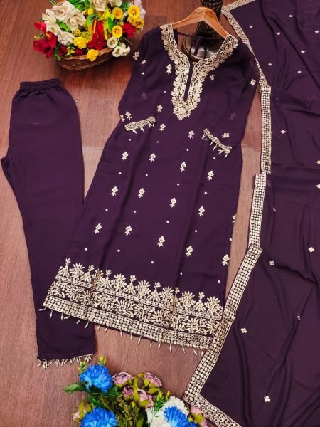 Royal Purple Georgette 3pc Set with Sequin Embroidery   Dupatta Perfect for Celebrations 3 Piece Kurti Set