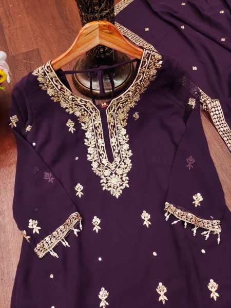 Royal Purple Georgette 3pc Set with Sequin Embroidery   Dupatta Perfect for Celebrations 3 Piece Kurti Set