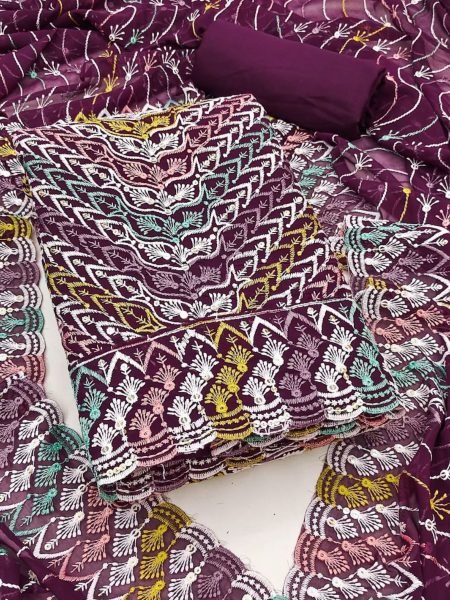 Royal Purple Jorjat Dress Material with Multicolor Siffly Work Festive Glam Look 