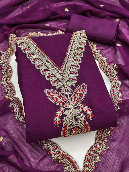Royal Purple Silk Suit with Heavy Embroidery & Dupatta Elegant Festive Set for Women
