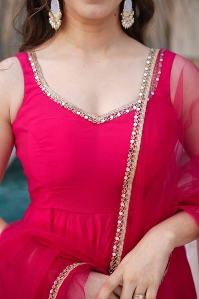 Royal Rani Pink Pure Roman silk Chanderi Anarkali Set with Dupatta and Pant Anarkali Kurtis 