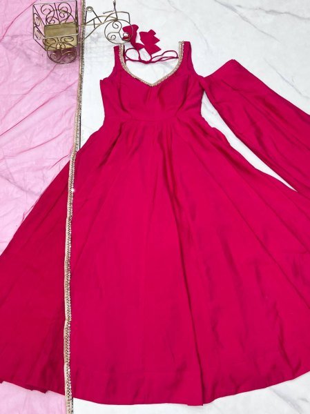 Royal Rani Pink Pure Roman silk Chanderi Anarkali Set with Dupatta and Pant Anarkali Kurtis 