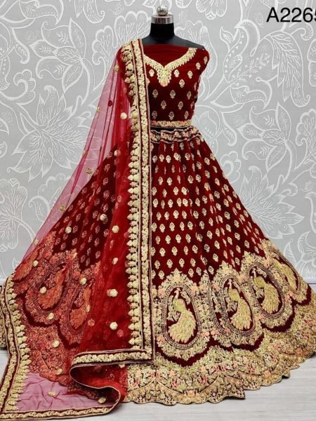 Royal Velvet Lehenga for Weddings Peacock Embroidered Motif  Diamond   Dori Work Bridal Choli Set 