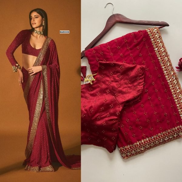 Deep Maroon Georgette Sequin Saree At Export Quality for Bollywood Look Georgette Sarees Wholesale
