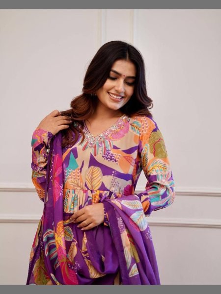 Fully Stitched Handwork Russian  silk kurti with dupatta 3 Piece Kurti Set