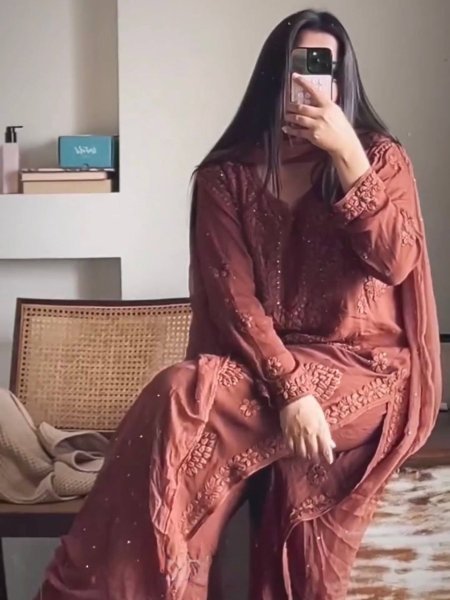 Rust Brown Chikankari Georgette Suit with Palazzo and Dupatta At Wholesale Rate 