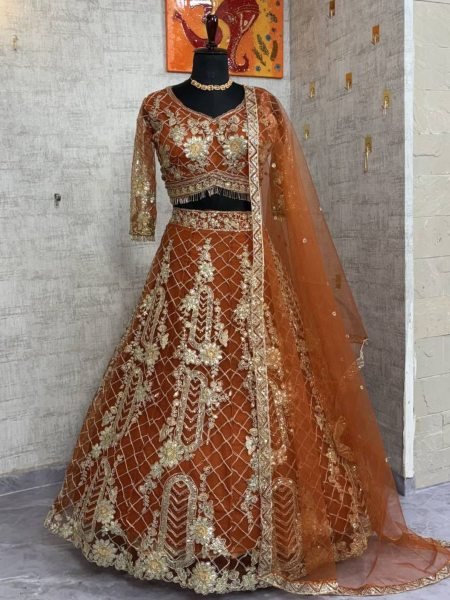 Rust Orange Soft Net Lehenga with Sequins and Zari 4m Flared at Wholesale Price Wedding Wear