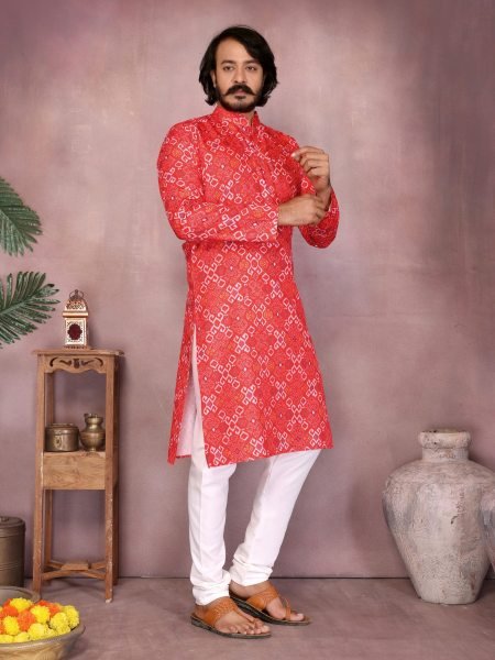 Rust Red Cotton Bandhani Kurta Pyjama For Traditional Festive Look at Wholesale Price