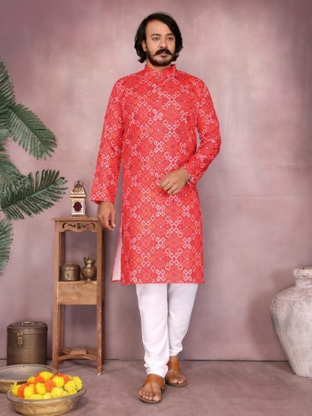 Rust Red Cotton Bandhani Kurta Pyjama For Traditional Festive Look at Wholesale Price Kurta Pajama Wholesale