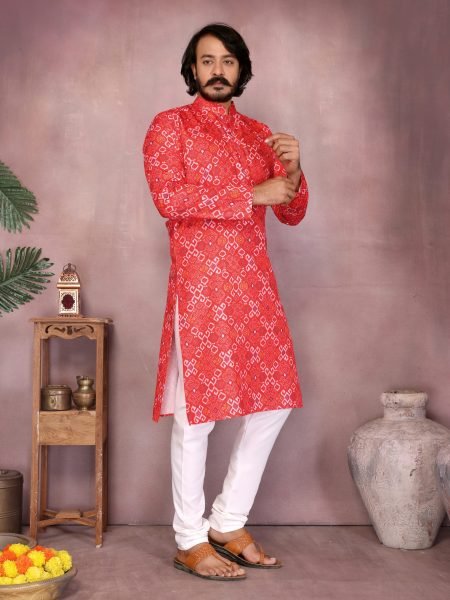 Rust Red Cotton Bandhani Kurta Pyjama For Traditional Festive Look at Wholesale Price Kurta Pajama Wholesale