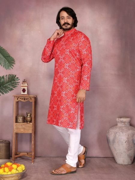 Rust Red Cotton Bandhani Kurta Pyjama For Traditional Festive Look at Wholesale Price Kurta Pajama Wholesale