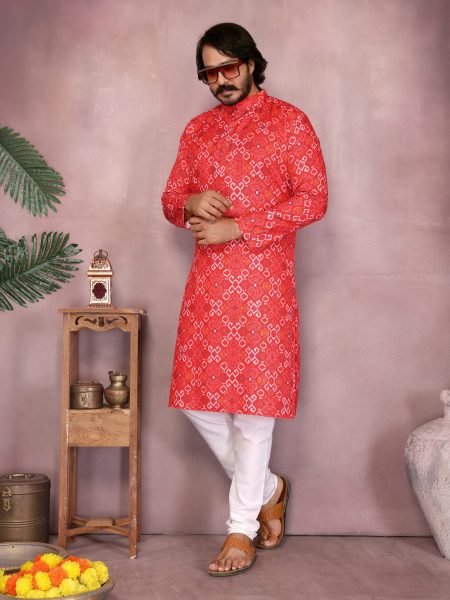 Rust Red Cotton Bandhani Kurta Pyjama For Traditional Festive Look at Wholesale Price Kurta Pajama Wholesale