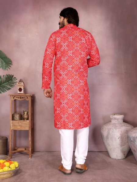 Rust Red Cotton Bandhani Kurta Pyjama For Traditional Festive Look at Wholesale Price Kurta Pajama Wholesale