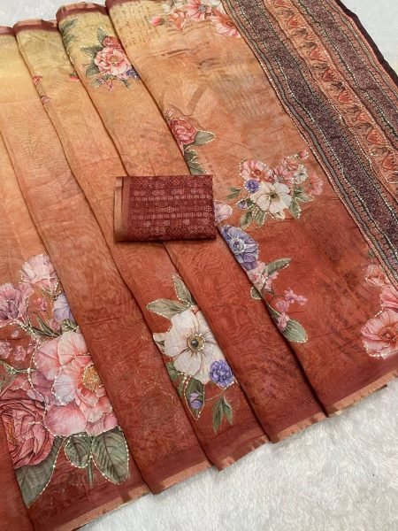 Rust Red Linen Saree with Designer Floral Print and Sequence Work at Best Price Printed Cotton Sarees Wholesale