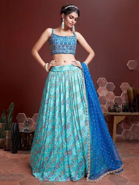 High-End Designer Chinnon Lehenga in Sky Blue with Mirror Embroidery a  Bridal Glow Look 